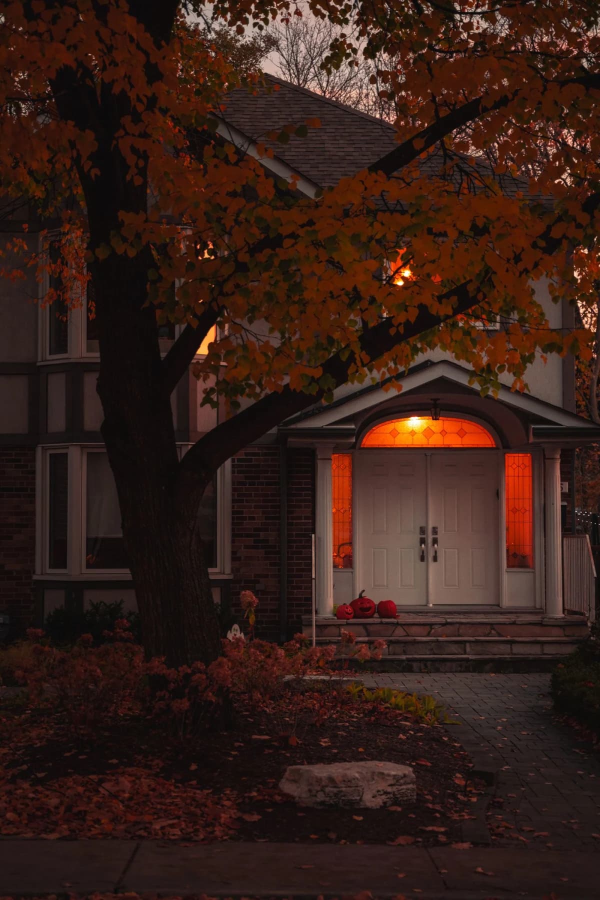 Warm lamplight glowing inside a living room window against a deep blue November evening sky