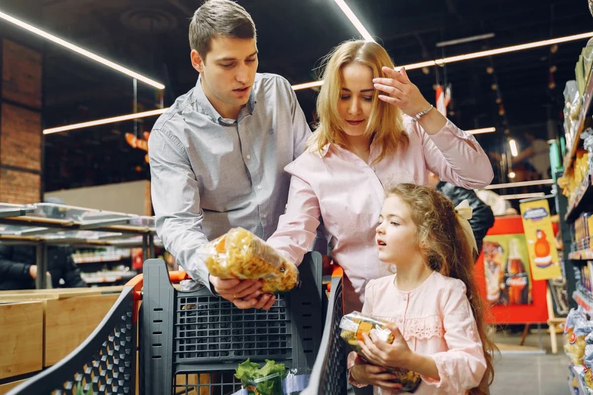 A family shopping for groceries in a supermarket aisle with a cart full of food