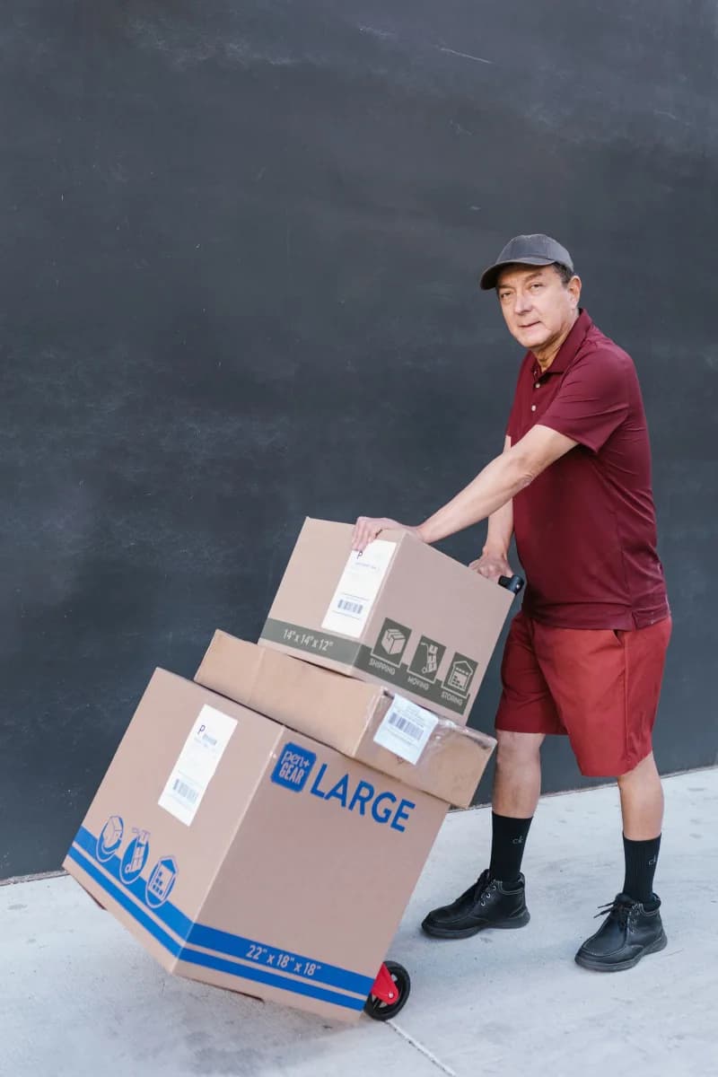 A delivery worker holding a trolley with shipping boxes in a warehouse